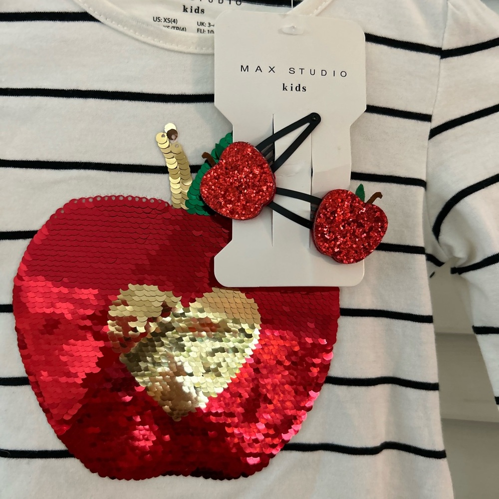 Max Studio embellished Girls Top with matching hair clips. Ivory, black and red.